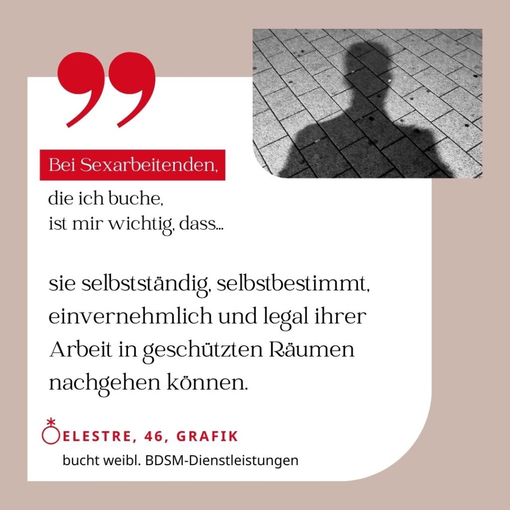 Bei Sexarbeitenden, die ich buche, ist mir wichtig, dass sie selbstständig, stelbstbestimmt, einvernehmlich und legal ihrer Arbeit in geschützten Räumen nachgehen können. Elestre, 46, Grafik (bucht weibliche BDSM-Dienstleistungen)