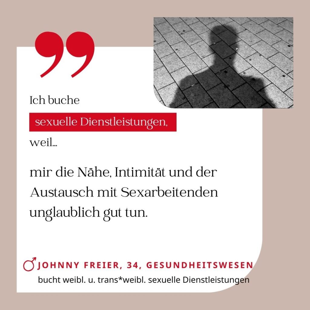 Ich buche sexuelle Dienstleistungen, weil mir die Nähe, Intimität und der Austausch mit Sexarbeitenden unglaublich gut tun. Johnny Freier, 34, Gesundheitswesen (bucht weibliche und trans*weibliche BDSM-Dienstleistungen)